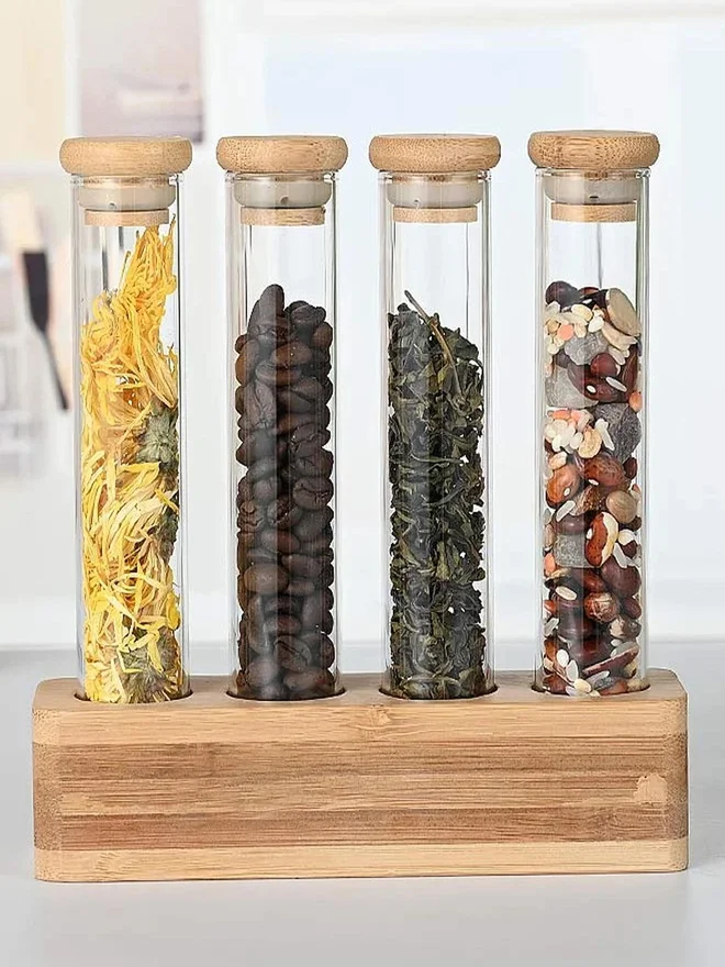 1Chase 1CHASE 4-Piece Borosilicate Glass Storage Tubes With Bamboo Lid 100ml